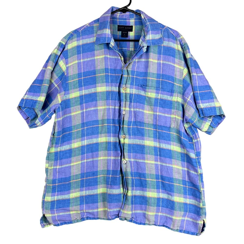 Scott Barber Mens Shirt Blue Purple Green Plaid 100% Linen Short Sleeve Large
